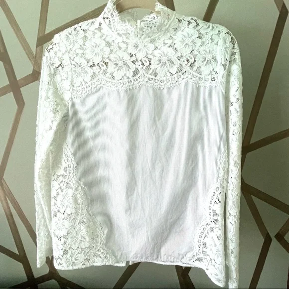 SANDRO | 🤍 White Lace Mock Neck Blouse w/ Thin Pinstripe Panel | Size 1 (Small) - Picture 6 of 16
